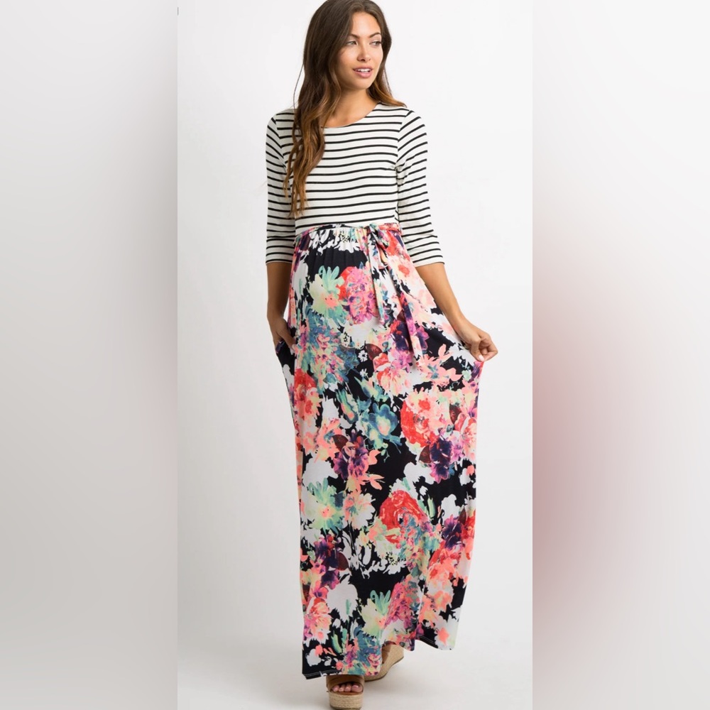 PinkBlush Navy Blue Neon Floral Striped Colorblock Maternity Maxi